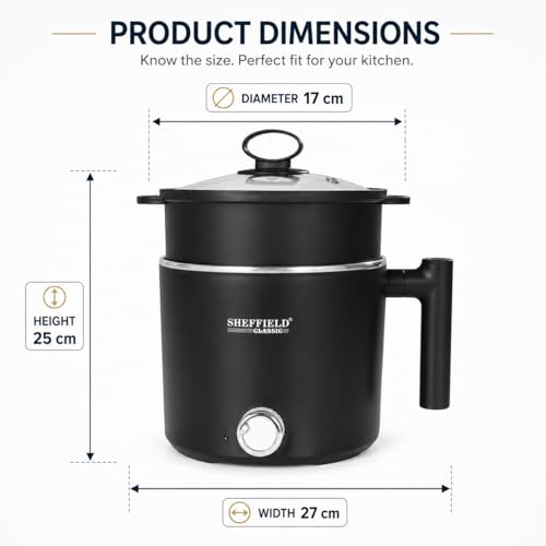 Image of Sheffield Classic 1.5L Multipurpose Electric Kettle with Steamer & Egg Tray | 600W Multi Cooker for Boiling Water, Milk, Eggs, Tea & Cooking Noodles | Variable Temperature Control (Black)