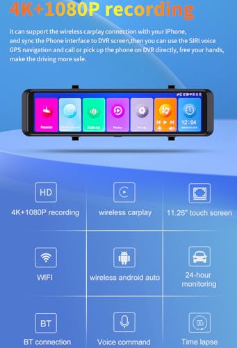 XRC TECH Carplay Câmera veicular Android retrovisor 28.6 cm 4K + 1080P Câmeras duplas Bluetooth Funç