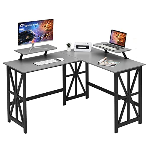GreenForest L Shaped Desk with 2 Monitor Stand, 50.4 inch Reversible Corner Computer Desk for Home Office Study Gaming Workstation Crafting Table for Small Spaces Saving, Easy Assembly, Grey GreenForest L Shaped Desk with 2 Monitor Stand, 50.4 inch Reversible Corner Computer Desk for Home Office Study Gaming Workstation Crafting Table for Small Spaces Saving, Easy Assembly, Grey