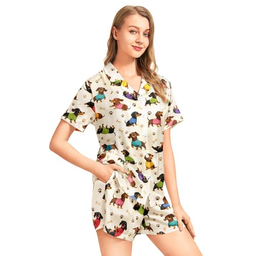 Image of Funny Pajamas for Women Set Print Satin Loungewear Pjs Short Sleeve Button Down Top and Shorts Sets Sleepwear XS-3XL
