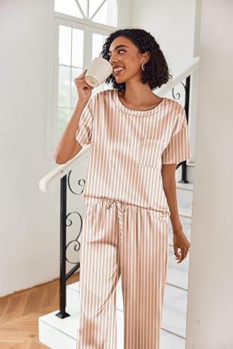 Image of Ekouaer Womens Satin Silky Pajama Set Short Sleeve Shirt with Long Pajama Pant Set Soft PJ Loungewear