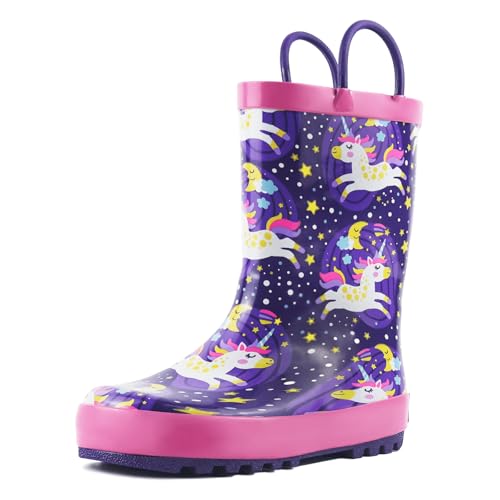 landchief Toddler Rain Boots, Kids Rain Boots Waterproof Rubber Boots for Girls and Boys with Fun Patterns and Easy-On Handles, Size 3, Starry Unicorn