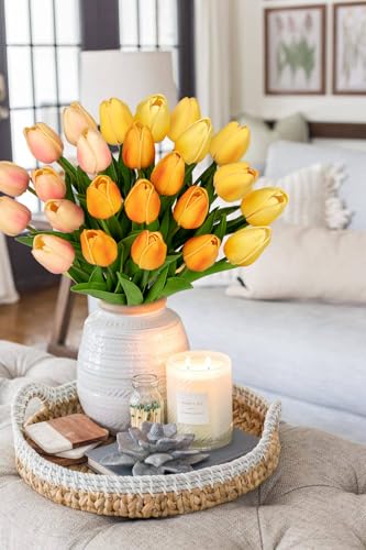 Image of 24 Pcs Artificial Tulips Flowers Mixcolor Real Touch Fake Tulips Fake Flowers for Mother's Day 13.5 inch Faux Tulips Faux Flowers Bulk Artificial Tulips Flowers for Vase Centerpieces Home Wedding Bouquet