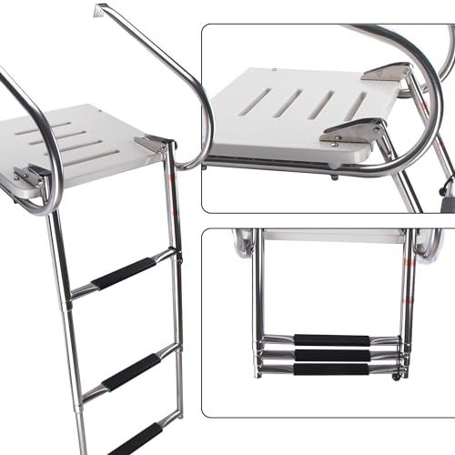 3-Step Boat Ladder with Swim Platform,Stainless Steel Dock Ladder with ABS Swim Platform 2 Handrails,500LBS Telescopic Boarding Ladder Dive Ladder for Pontoon Yacht - Thumbnail 5