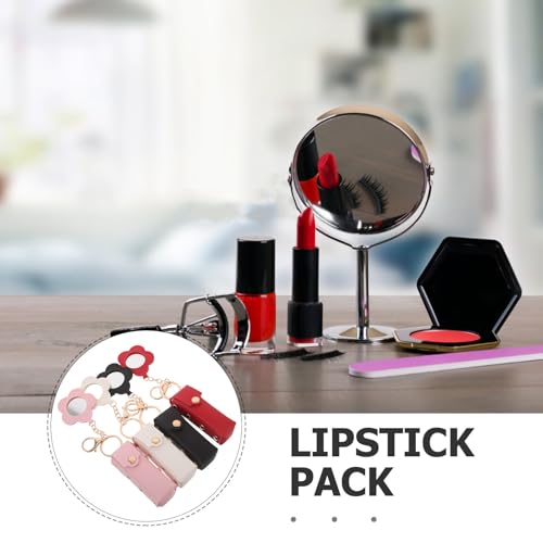 Porta bálsamo labial llavero con espejo de flor y funda de cuero para colgar en mochilas 3