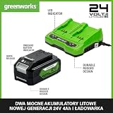 Greenworks Akumulatory 24V i Ładowarka z Dwoma Gniazdami - Dwa Akumulatory 4Ah, do Wszystkich Urządzeń Greenworks 24V, Moc Wyjściowa 48W, Napięcie 4A, Ładuje Akumulator w 60 Min - G24B4 & G24X2C