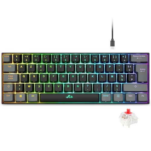 Rii Clavier Gamer Mécanique 60% Compact | Interrupteurs Rouges | RGB Polycouleur Rétroéclairé | 3 Modes sans Fil (Bluetooth 5.0 + 2.4G + Filaire) |...