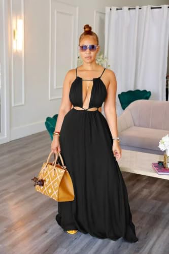 Image of Yeshire Womens Summer Spaghetti Strap Maxi Dress Sleeveless Sexy Cutout Drawstring Boho Beach Vacation Party Dresses