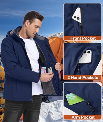Buyboxs Mens Winter Coat Waterproof Snow Ski Jacket Snowboard Warm Rain Windbreaker Insulated Hood Fleece Lined Navy M