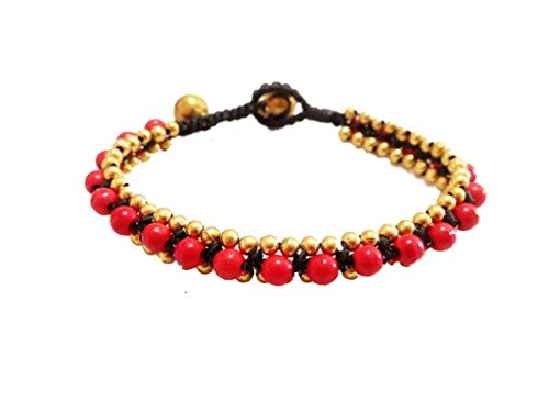 Khum Wieng Kham Women's Beautiful Bracelet Made with Red Beaded Stone and Brass Beads Wax String