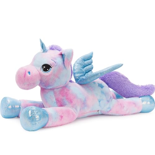 MorisMos Einhorn Kuscheltier groß XXL mit flügel 110cm riesen Einhorn Stofftier Plüschtier Geschenk für Kinder Mädchen-Bunt Lilac