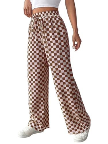 Women's Checkerboard Pattern Drawstring Waist Wide Leg Pants Casual Loose Chic Straight Bottoms for Daily
