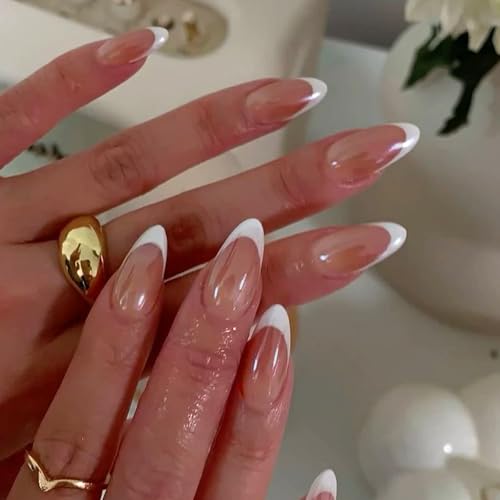 YOSOMMK Mirror Pink French Tip Press on Nails Almond Shaped Medium Acrylic Fake Nails Press ons with Glue 24Pcs Glossy Cover Glue on Nail for Women Artificial Stick on False Nail in 12 Sizes