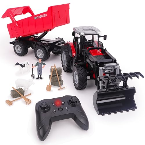 Toyland 1:24 Scale Red Remote Control Tractor With Frontloader Powered Tipping Trailer & Accessories Toy Playset with Lights & USB Charging - Rechargable Battery Included - Farm Play Vehicle