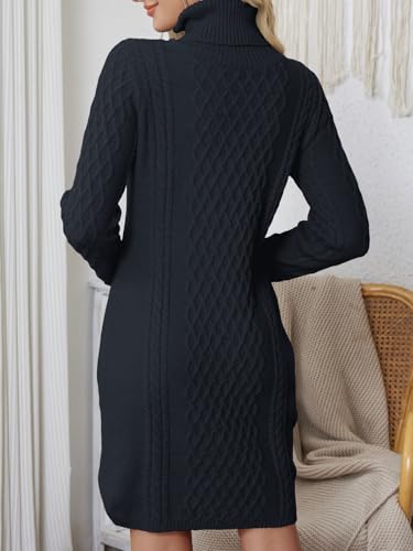 Image of Women's Turtleneck Sweater Cable Knit Long Sleeve Sexy Pullover Tunic Mini Bodycon Sweater Dress Trendy Outfits