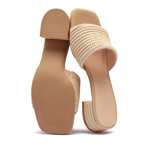VICKI·VICKI Women’s Raffia Slide Sandals, Low Heel Square Toe Open Toe Slip On Sandals for Women, Memory Foam Insole, Summer Vacation Casual Sandals Natural Size 8 by VICKI·VICKI - Used condition - US$37.99