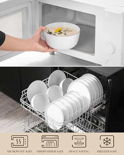 Image of MALACASA 24 Pieces Gourmet Porcelain Dinnerware Sets, Premium Plates and Bowls Set, High-Fired Dishes Set for 6, Chip & Scratch Resistant, Microwave Dishwasher Safe, White & Black Rim, Series LEXI