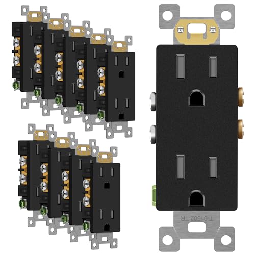 Image of ENERLITES 10 Pack Matte Black Decorator Receptacle, Standard Electrical Wall Outlet, 15A 125V, Self-Grounding, 2-Pole, 3-Wire, 5-15R, UL Listed, 61502-TR-MBK, Tamper Resistant