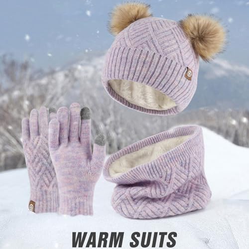 Gorro con pompón infantil para jugar en la nieve con bufanda cálida y mitones cómodos 2