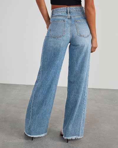HTD Women's Wide Leg Jeans Casual Baggy Denim Pants with Frayed Raw Hem4