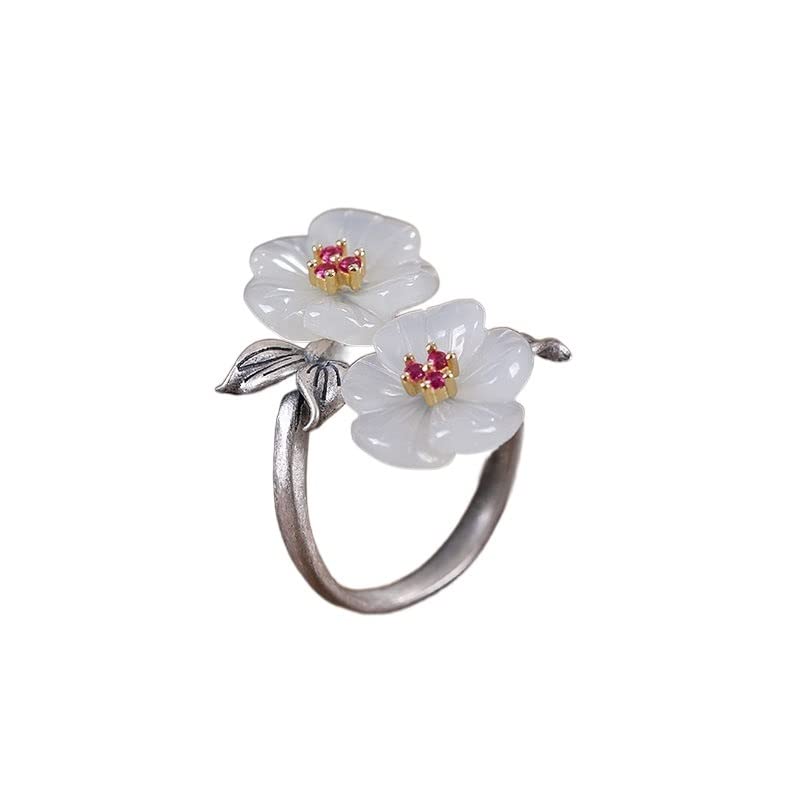 Bague en argent S925 et jade de Hetian style ancien fleur élégante