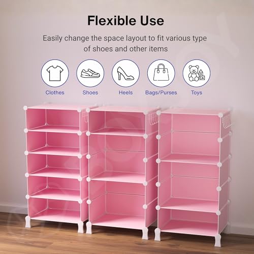 Image of BOXJOY 5 Shelf Plastic Shoe Rack with 5 Doors & 5 Hook Steel Holder (Pink) | Shoes Stand Organiser with Feet, Metal Frame Door & Wooden Hammer for Home Storage to Cover Chappal Slipper Sandals