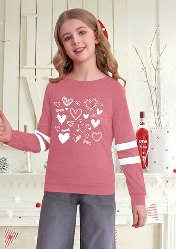 Image of LAZYCHILD Kids Valentine Shirt Girls Valentines Day Shirts Heart Graphic Long Sleeve Striped Tee Tops 5-14 Years