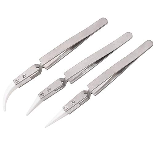 Yakamoz 3Pcs Precision Reverse Ceramic Tweezers Non-Conductive, Heat Resistant, Anti-Magnetic Pointed & Curved Tips Tweezer Set For Pinching Coils While Firing #TOP1