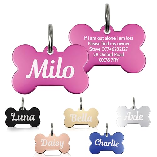 Personalised Dog Tags for Pets Engraved UK Cat Dog Name Identity Pet Tags Doggy Kitten Kitty Puppy Deep Engraved ID Stainless Steel (Bone Shape - Pink)