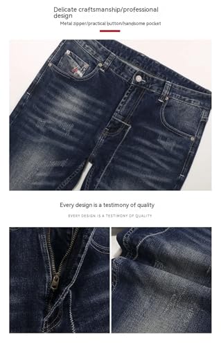 Men's Spring Dark Blue Washed Wear Vintage Distressed Stretch Slim-Fitting Small Straight Jeans3