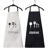 Hivory Kitchen Bib Aprons For Women & Men ~ Free-Size Cooking Apron ~ Great for Men & Women ~ Chef Favorite With Big Pocket ~ (Beige & Black, Pack of 2)