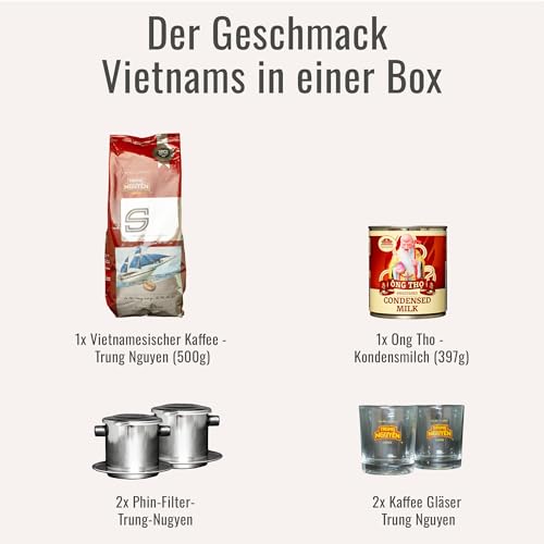 asiastreetfood Vietnam Kaffee Box mit Rezeptkarte – 500 g vietnamesischer Kaffee & gezuckerte Kondensmilch – 2 Metallfilter & 2 Kaffeegläser von Trung Nguyen