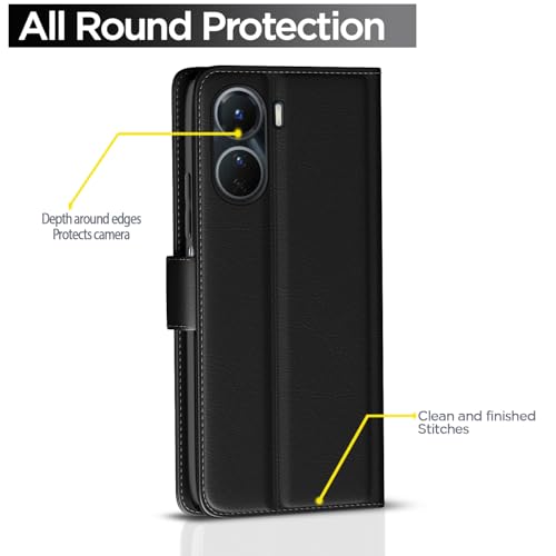 Image of Pikkme Vivo Y16 Flip Case Leather Finish | Inside TPU with Card Pockets | Wallet Stand and Shock Proof | Magnetic Closing | Complete Protection Flip Cover (Black)
