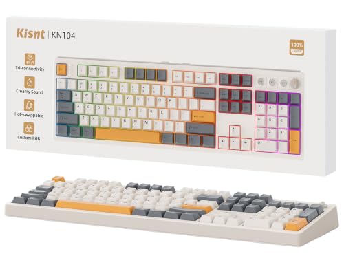 Kisnt KN104 Wireless Mechanical Keyboard, 100% Full Size with Knob, Bluetooth/2.4GHz/USB-C, Custom RGB Backlit, Hot-Swappable Linear Switch, Creamy Sound for Gaming/Typing (Retro Beige)