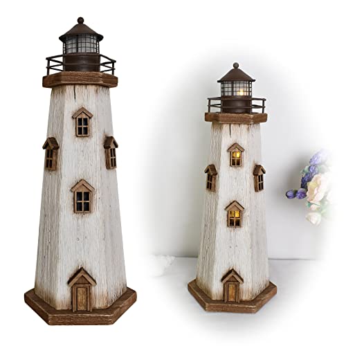 K Kilipes Wood Lighthouse Beach Decorations For Home, Battery Powered Led Lighthouse Night Light, 16" H Rustic Light House Replicas Sculpture Nautical Ocean Light House Figurines Table Top Decor #TOP17