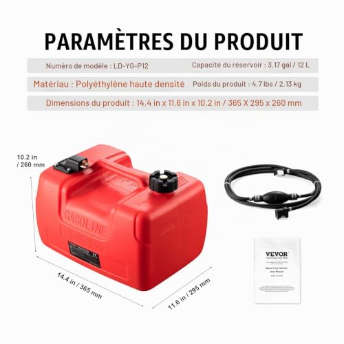 VEVOR Réservoir de carburant marin, 12 L, bidon d'essence portable pour bateaux à moteur hors-bord, en plastique avec tuyau, facile à transporter pour yacht, bateaux de pêche, bateaux ponté, rouge – vue 7