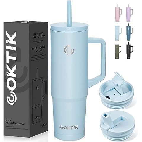 COKTIK 40 oz Tumbler with Handle and Straw, 3 Lids (Straw/Flip), Stainless Steel Vacuum Insulated Cup, 40 Ounce Travel Mug,Cupholder Friendly,Keeps Water Cold,Easy to Clean(Fog) Cover