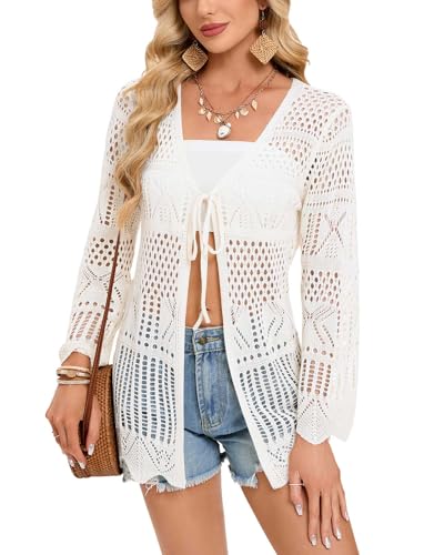 shermie Women's Long Sleeve Kimono Cover Up Summer Beach Tie Front Crochet Cardigan White