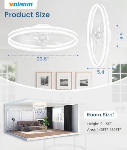 Image of VOLISUN Low Profile Ceiling Fans with Lights and Remote, 24in Flush Mount Ceiling Fans with Light, 3000K-6500K Dimmable Fandelier LED Fan Light, White Bladeless Ceiling Fans with Lights for Bedroom