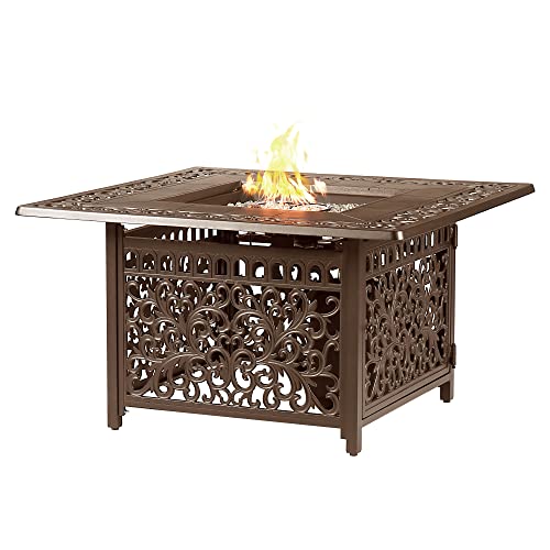 Image of Square 42 in. x 42 in. Aluminum Propane Fire Pit Table with Glass Beads, Two Covers, Lid, 57,000 BTUs in Brown Finish