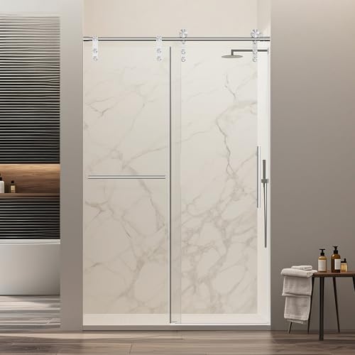 Image of 46-48 inch W x 76 inch H Frameless Sliding Shower Door, Safety Bathroom Single Sliding Glass Doors with 5 /16 inch (8mm) SGCC Tempered Glass, Stainless Steel Towel Rail and Auxiliary Handle, Brushed Nickel