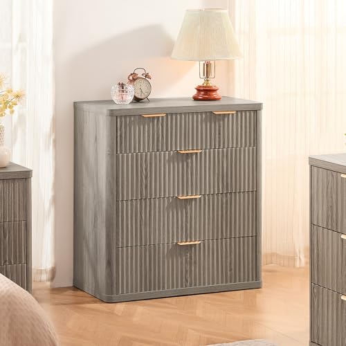 Image of LEYAOYAO Fluted 5 Drawers Dresser for Bedroom Set of 2, 34 inch Tall Modern Chest of Drawers with Metal Handle, Curved Profile Design,Grey Wood Drawer Organizer for Bedroom, Living Room, Hallway