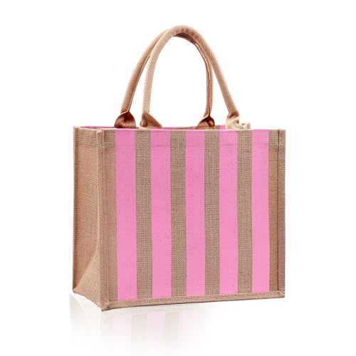 Cute Leaf Pink Stripe Burlap Tote Bags with...