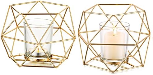 Hewory Geometric Tealight Candle Holders Gold, Modern Metal Geo Wedding Centerpieces for Table, Votive Candle Stand Accent for Tea Light for Home Shelf Mantel Christmas Birthday Party Decor, 2pcs