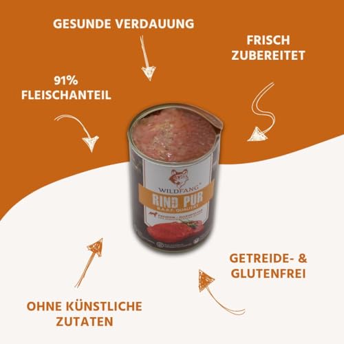 Wildfang® Premium Hunde-Nassfutter I Monoprotein I getreidefrei I B.A.R.F Qualität (Rind pur, 6 x 800g)