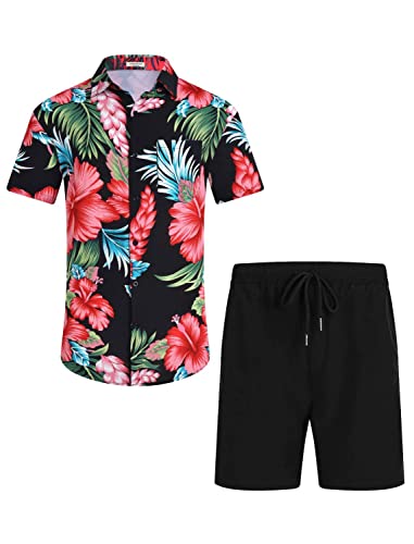 Eishopeer Men's Flower Button Down Hawaiian Sets Casual Short Sleeve Shirt And Shorts Suits Black & Red Flower Large #TOP27