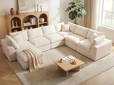Benazcap Oversized Cloud Sectional Couches for Living Room, L-Shaped Convertible Sofa, 7-Seat Modular Boneless Couch with Movable Ottoman, Beige