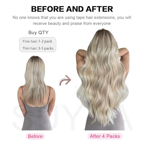 SUYYA Tape in Hair Extensions Natural Black 100% Remy Human 20 inches 20pcs 50g/pack Straight Seamless Skin Weft Hair(20 #1B Off Black) - Thumbnail 5