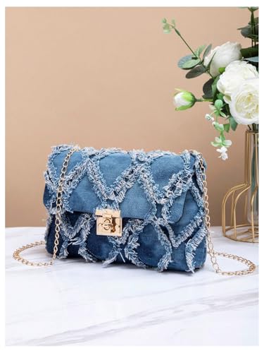 QWINEE Women's Distressed Denim Crossbody Bag Twist Lock Quilted Handbag Mini Jean Purse with Chain Strap4