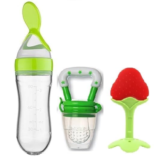 The Moms Care Silicone BPA Free Silicon Spoon Feeder, Fruit Nibbler, Teether for Newborn Infant Same Color and Design for Your Baby (Green,Pack of 3)-picture-21